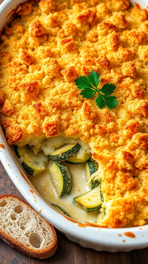 Baked zucchini and cheese casserole with golden topping and fresh parsley on a wooden table.